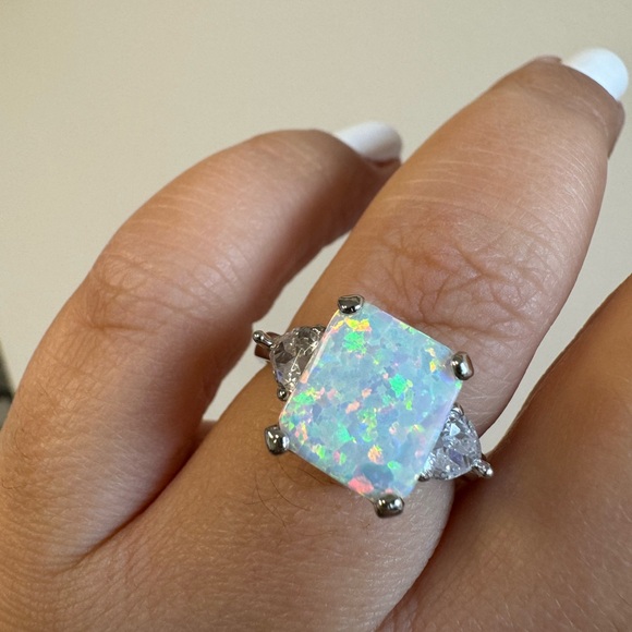 Opal Ring, Radiant Cut Lab Fire Opal Ring with Heart Stones, Sterling Silver - Picture 6 of 11